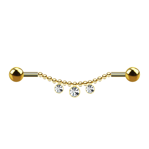 Barbell placcato oro due palle catena tre cristalli argento