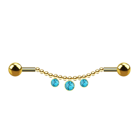 Bracciale placcato oro con due catene a sfere e tre pietre turchesi