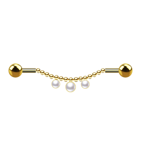 Barbell placcato oro due palle catena tre perle bianco