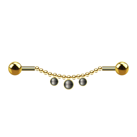 Barbell gold-plated two balls chain three pearls black