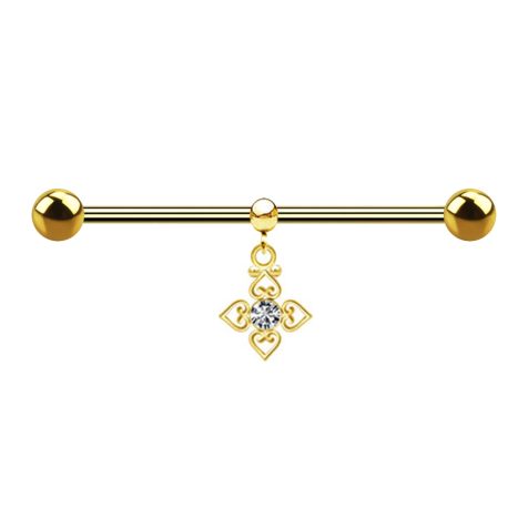 Barbell doré deux boules avec boule anneau pendentif cristal argent quatre cœurs filigranes