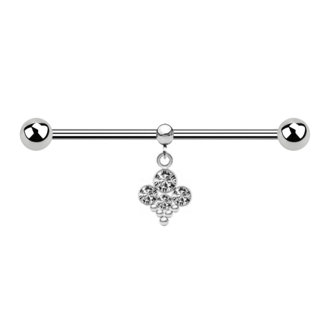 Barbell argent deux boules avec boule anneau pendentif quatre cristaux argent avec cinq boules
