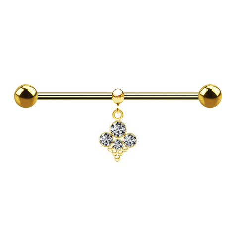 Bilanciere placcato oro due palline con anello pendente quattro cristalli argento con cinque palline