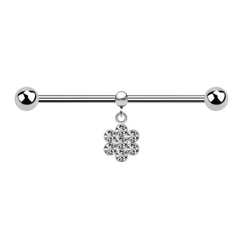 Barbell argento due palle con anello palla ciondolo fiore sette cristalli argento