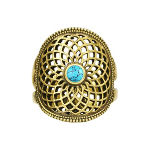 Gold-plated flower of life ring with turquoise stone