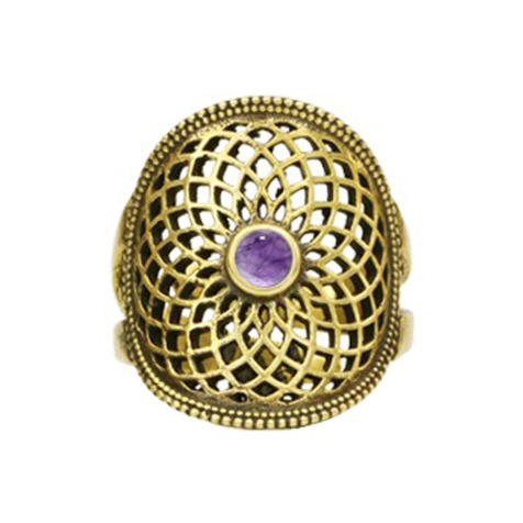 Ring vergoldet Blume des Lebens mit Amethyst Stein