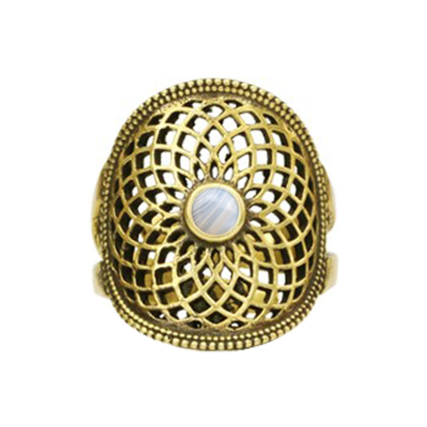 Gold-plated flower of life ring with Botswana agate stone