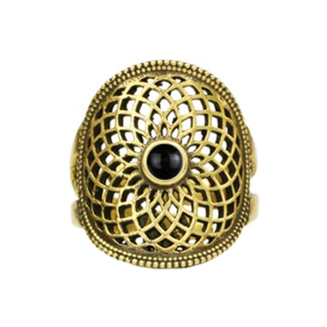 Gold-plated flower of life ring with onyx stone