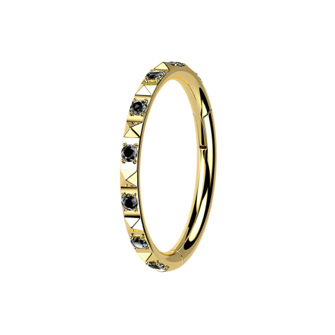 Micro segment ring, foldable, gold-plated, with pyramids and black crystals on the sides