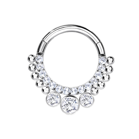 Anello micro segmentato pieghevole argento con cristalli frontali con sfere e tre grandi cristalli