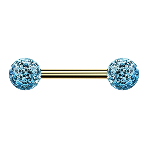 Gold-plated barbell with two crystal spheres aqua epoxy protective layer