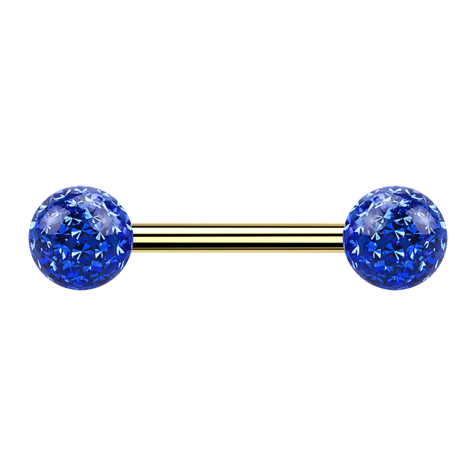 Barbell gold-plated with two crystal spheres dark blue Epoxy protective layer