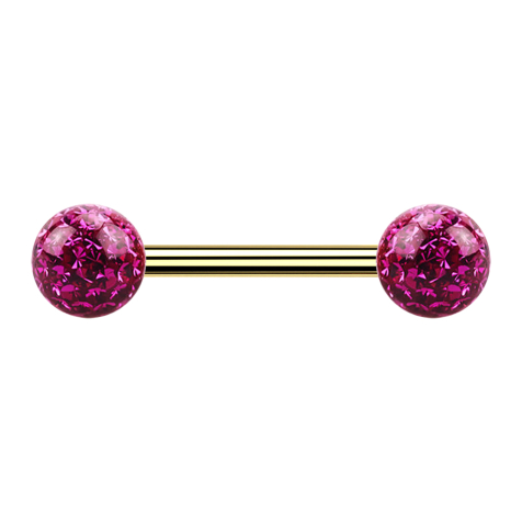 Barbell plaqué or avec deux boules de cristal fuchsia couche de protection en époxy