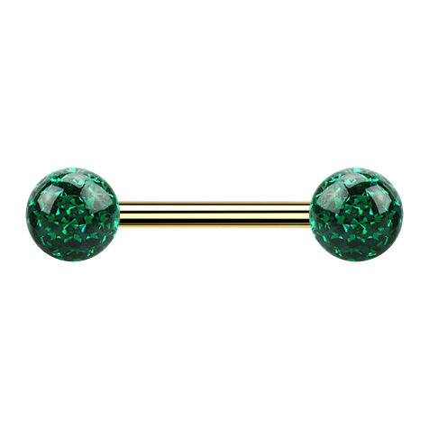 Barbell plaqué or avec deux boules de cristal vert couche protectrice dépoxy