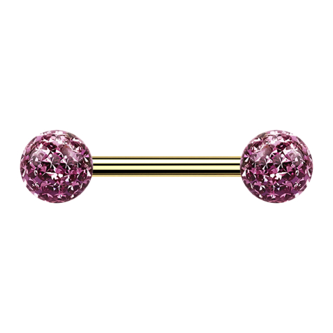 Barbell plaqué or avec deux boules de cristal violet clair couche protectrice dépoxy