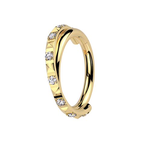 Micro bague segmentée pliable plaquée or croisée pyramides et cristaux argentés