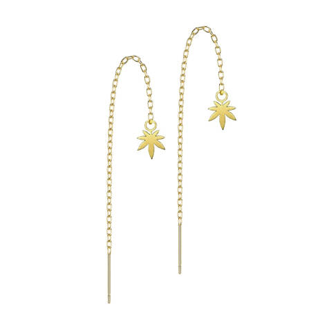 Orecchini a perno placcati oro con catena a caduta libera a forma di foglia di canapa