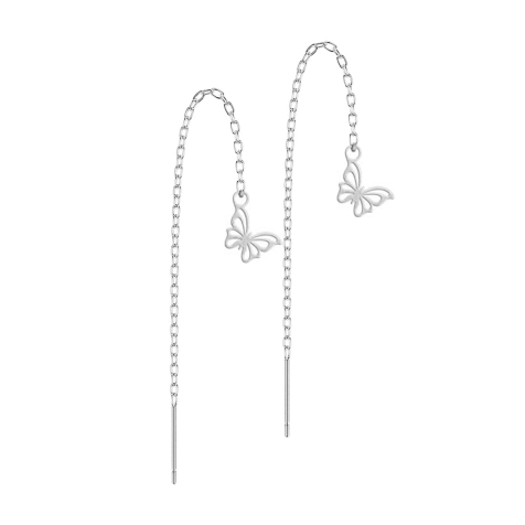Stud earrings silver free-falling chain butterfly