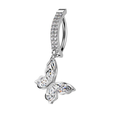 Banana hinged silver shield two rows of crystals silver pendant butterfly