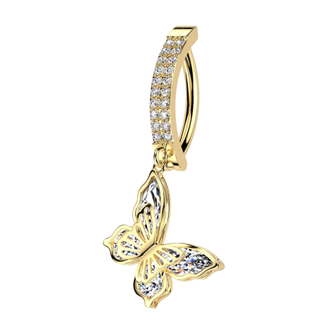 Banane pliante plaquée or bouclier deux rangées de cristaux argent pendentif papillon