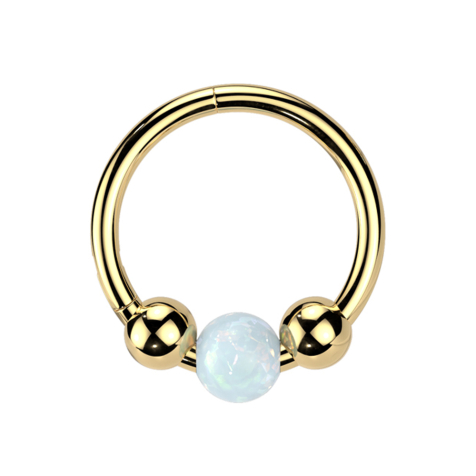Micro Segmentring klappbar vergoldet zwei Kugeln und Kugel Opal weiss