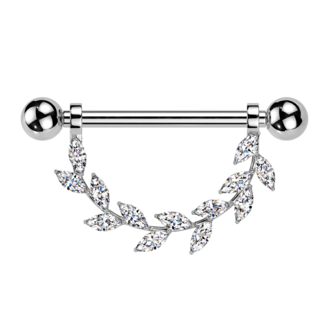 Barbell filetage intérieur argenté avec deux boules Pendentif feuilles en cristal argenté