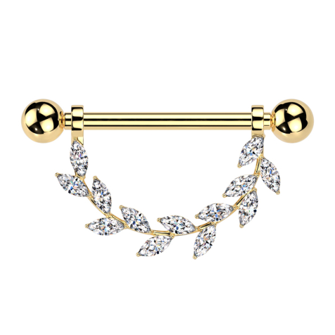 Gold-plated barbell with two balls and crystal leaf pendant in silver