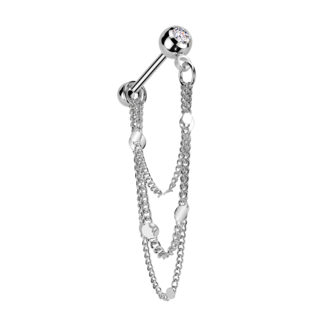 Micro Barbell argenté avec boule et boules cristal argenté trois chaîne avec disques
