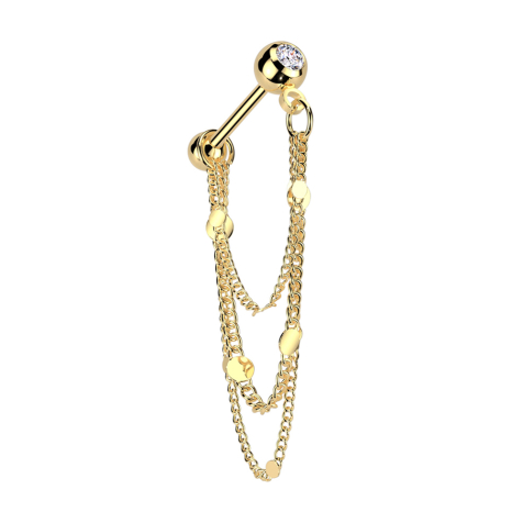 Micro Barbell plaqué or avec boule et boules cristal argent trois chaîne avec disques