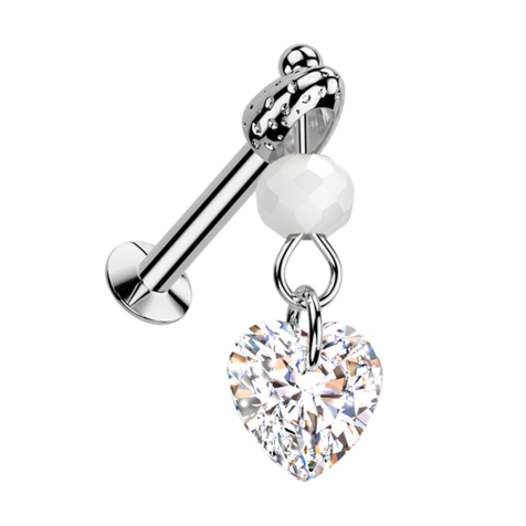 Micro Threadless UFO Labret argenté avec Cone argenté pendentif boule de verre cristal de coeur argenté