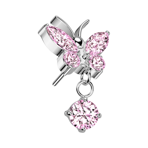 Threadless butterfly silver crystals pink pendant crystal pink