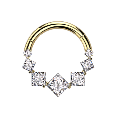 Micro bague segmentée pliable plaquée or sept cristaux carrés argentés