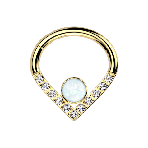 Anello micro segmentato pieghevole Angolo placcato in oro Cristalli argento Grande opale bianco