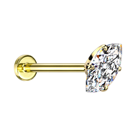 Micro threadless labret, gold-plated with oval crystal set in silver