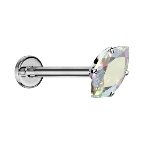 Micro threadless labret in silver with oval multicolor crystal setting
