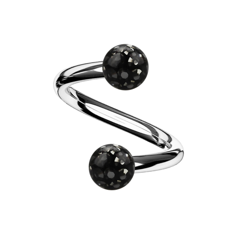 Micro spirale argentée avec deux boules de cristal noir Couche de protection en époxy