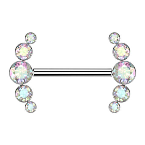 Barbell filetage intérieur argenté face avant cinq cristaux multicolores