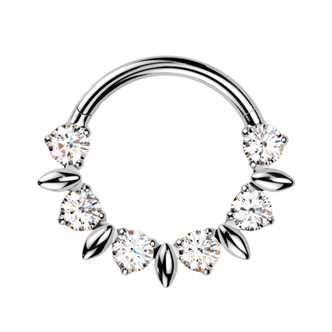 Micro bague segmentée pliable argent cristaux ronds argent et feuilles ovales