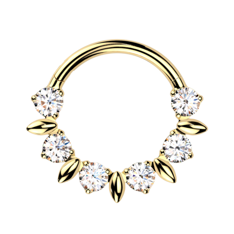 Micro bague segmentée pliable plaquée or, cristaux ronds argentés et feuilles ovales