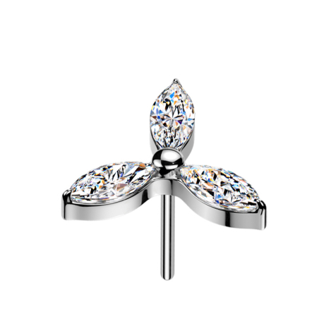 Threadless trois pétales argent cristaux argent