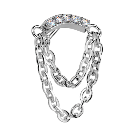 Pendentif argenté avec deux chaînes, barre courbée sans filetage et cristaux argentés