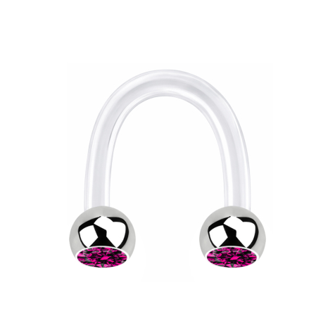 Micro Circular U Barbell transparent avec deux boules argentées cristal fuchsia