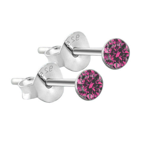 Round stud earrings in 925 sterling silver with pink crystal