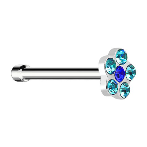 Nasenstecker gerade silber mit Blume und 5 Kristalle aqua