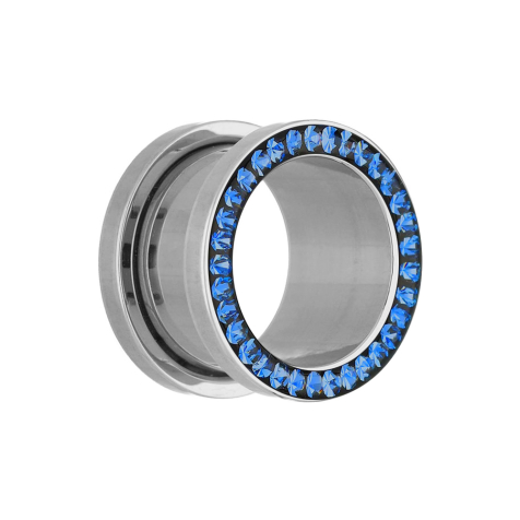 Flesh tunnel silver with dark blue crystal and epoxy protective layer