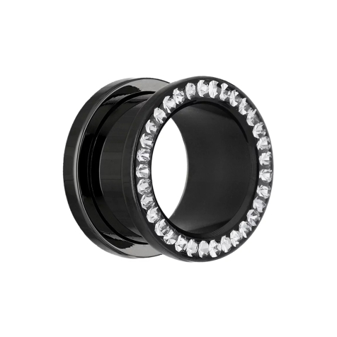 Flesh Tunnel schwarz mit Kristall silber Epoxy Schutzschicht