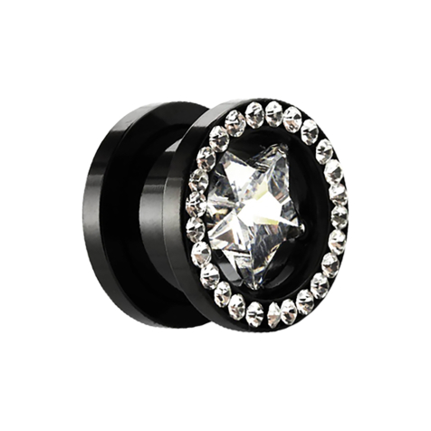 Flesh Tunnel schwarz mit Kristall silber und Stern